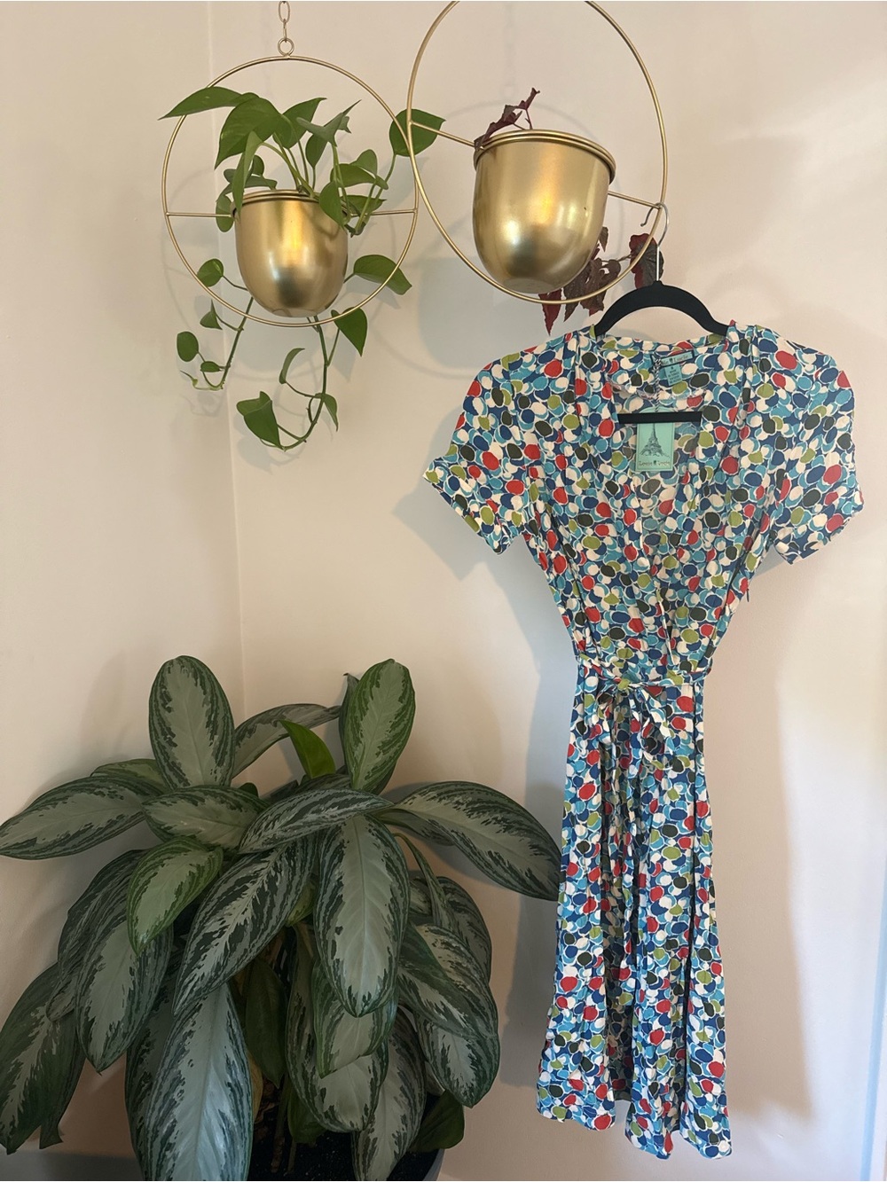 Women’s Short-Sleeve Wrap Dress in Multicolor Dot Print